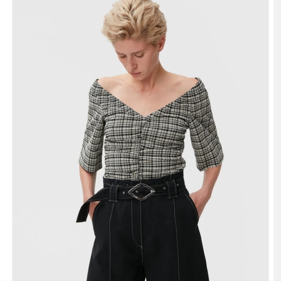 Nwt! Ganni stretch seersucker v-neck ruchedtop ghingham mini check black - Picture 1 of 9